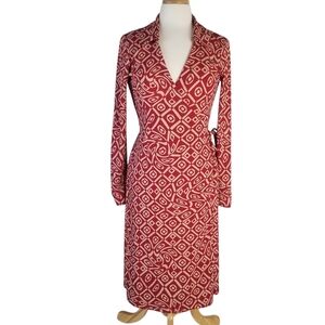Johnny Was Red/Tan Long Sleeve Wrap Dress Size M Retro Geometric Print Vintage